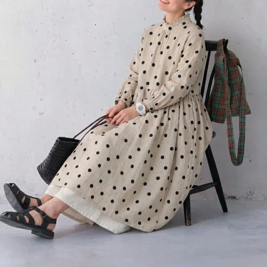 M-2XL ベージュ ドット柄 長袖 Aライン ワンピース 2XL 写真通り