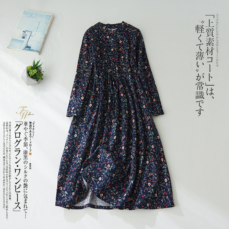 M-2XL Aライン リボン ボタン 長袖 プリント 定番 プリントワンピース M ネイビー