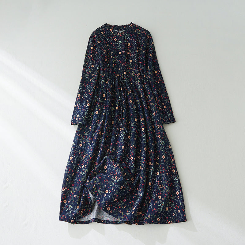 M-2XL Aライン リボン ボタン 長袖 プリント 定番 プリントワンピース M ネイビー