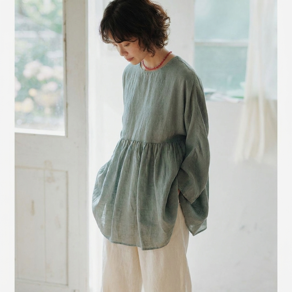 M~2XL 綿麻 無地 着痩せ効果ブラウス 2XL ピスタチオグリーン