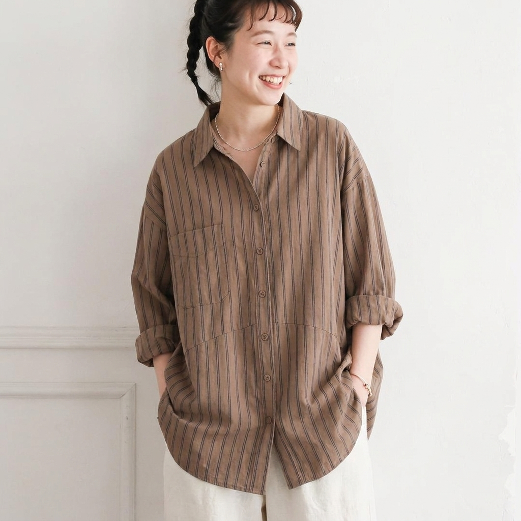 L-2XL  コットン ストライプ柄 シャツ 2XL コーヒー