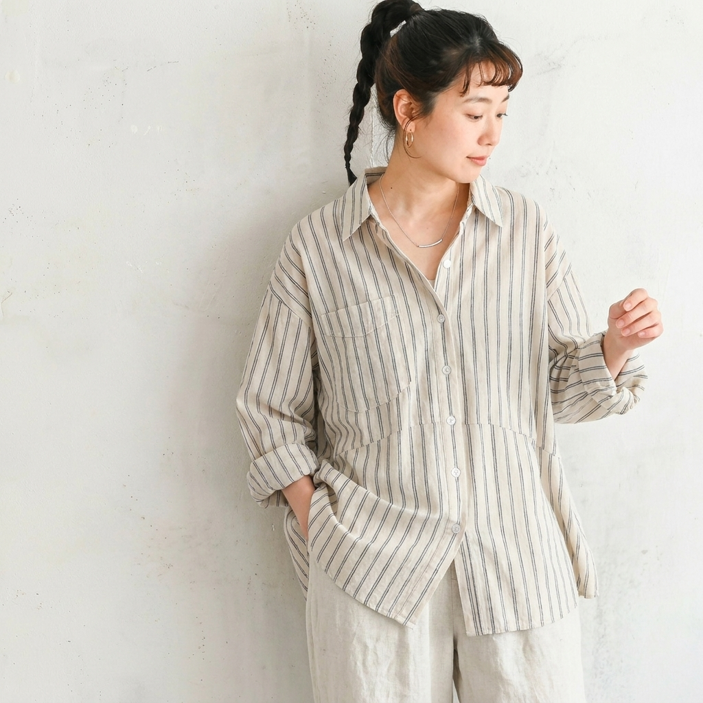 L-2XL  コットン ストライプ柄 シャツ L ベージュ