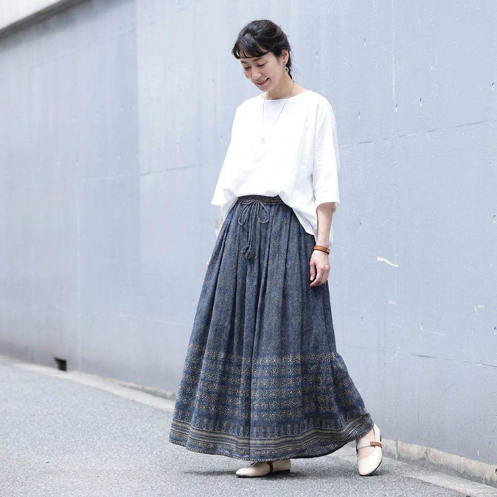 M-2XL プリント Aライン スカート M ブルー