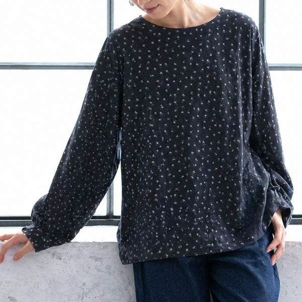 フリー 花柄 プルオーバー 長袖 ラウンドネック カジュアル Tシャツ フリー ブラック