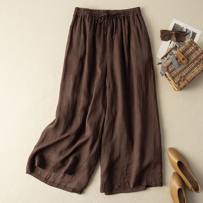 M-6XL リボン 無地 綿麻 アンクル丈（9分丈）体型をカバー カジュアルパンツ M コーヒー