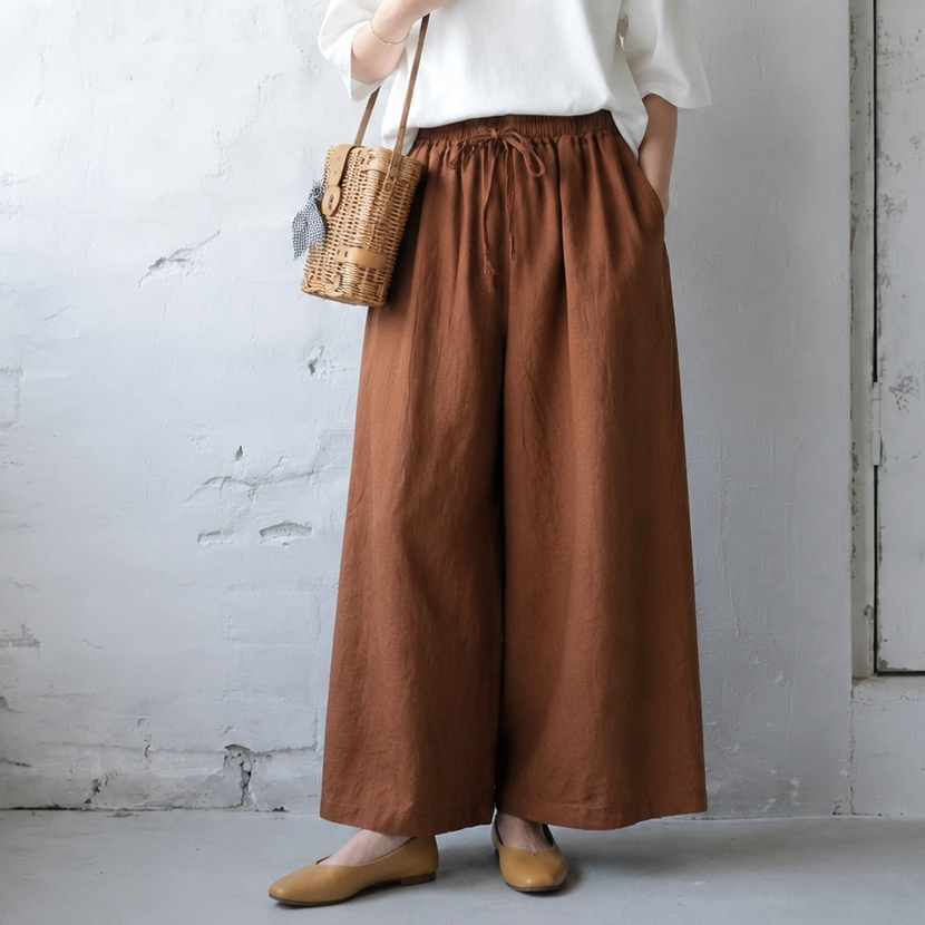 M-6XL リボン 無地 綿麻 アンクル丈（9分丈）体型をカバー カジュアルパンツ M コーヒー