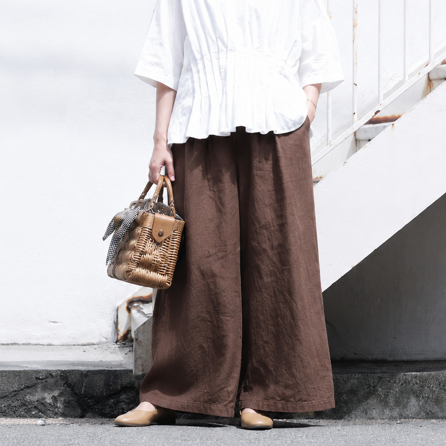 M-6XL リボン 無地 綿麻 アンクル丈（9分丈）体型をカバー カジュアルパンツ M コーヒー