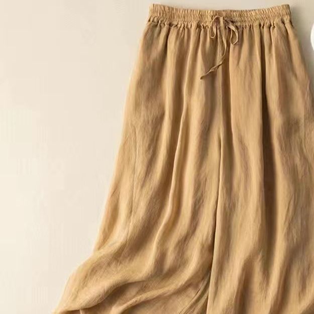 M-6XL リボン 無地 綿麻 アンクル丈（9分丈）体型をカバー カジュアルパンツ 6XL イエロー