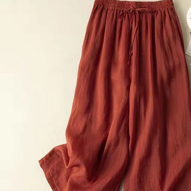 M-6XL リボン 無地 綿麻 アンクル丈（9分丈）体型をカバー カジュアルパンツ 6XL レッド