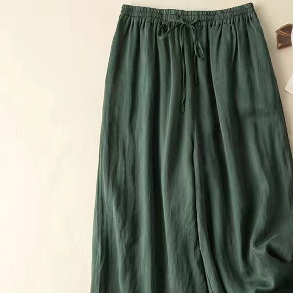 M-6XL リボン 無地 綿麻 アンクル丈（9分丈）体型をカバー カジュアルパンツ 6XL グリーン