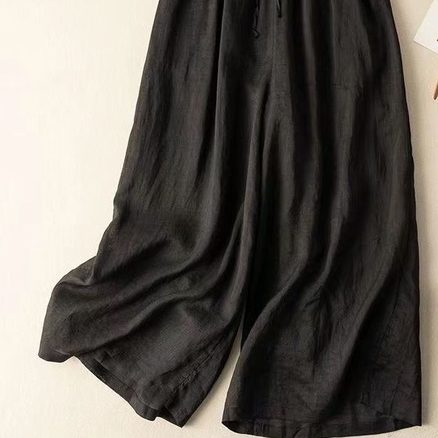 M-6XL リボン 無地 綿麻 アンクル丈（9分丈）体型をカバー カジュアルパンツ 6XL ブラック