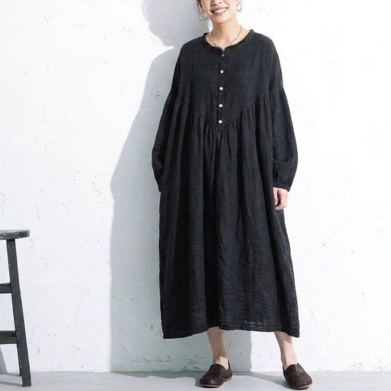 M・L ランタンスリーブ 綿麻 無地  ストレート ボタン 長袖 レトロ カジュアルワンピース M マルーンパープル