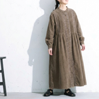 M-2XL コーデュロイ ボタン Aライン プリーツ 長袖 無地 森ガール ワンピース M 写真通り