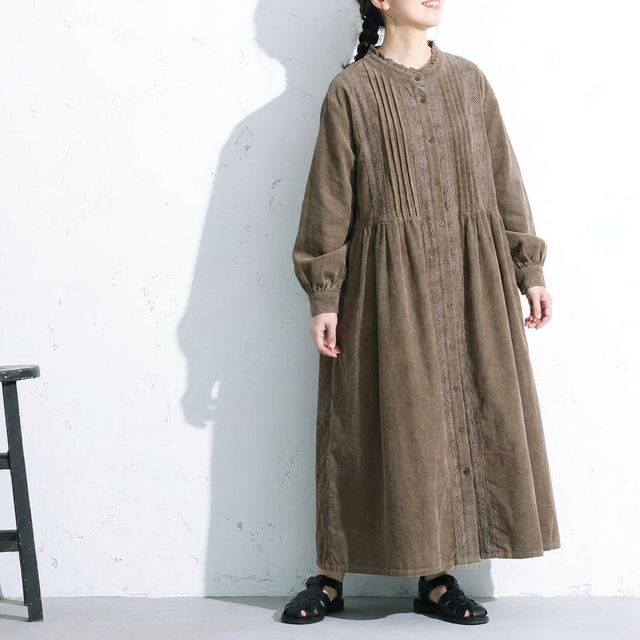 M-2XL コーデュロイ ボタン Aライン プリーツ 長袖 無地 森ガール ワンピース M 写真通り
