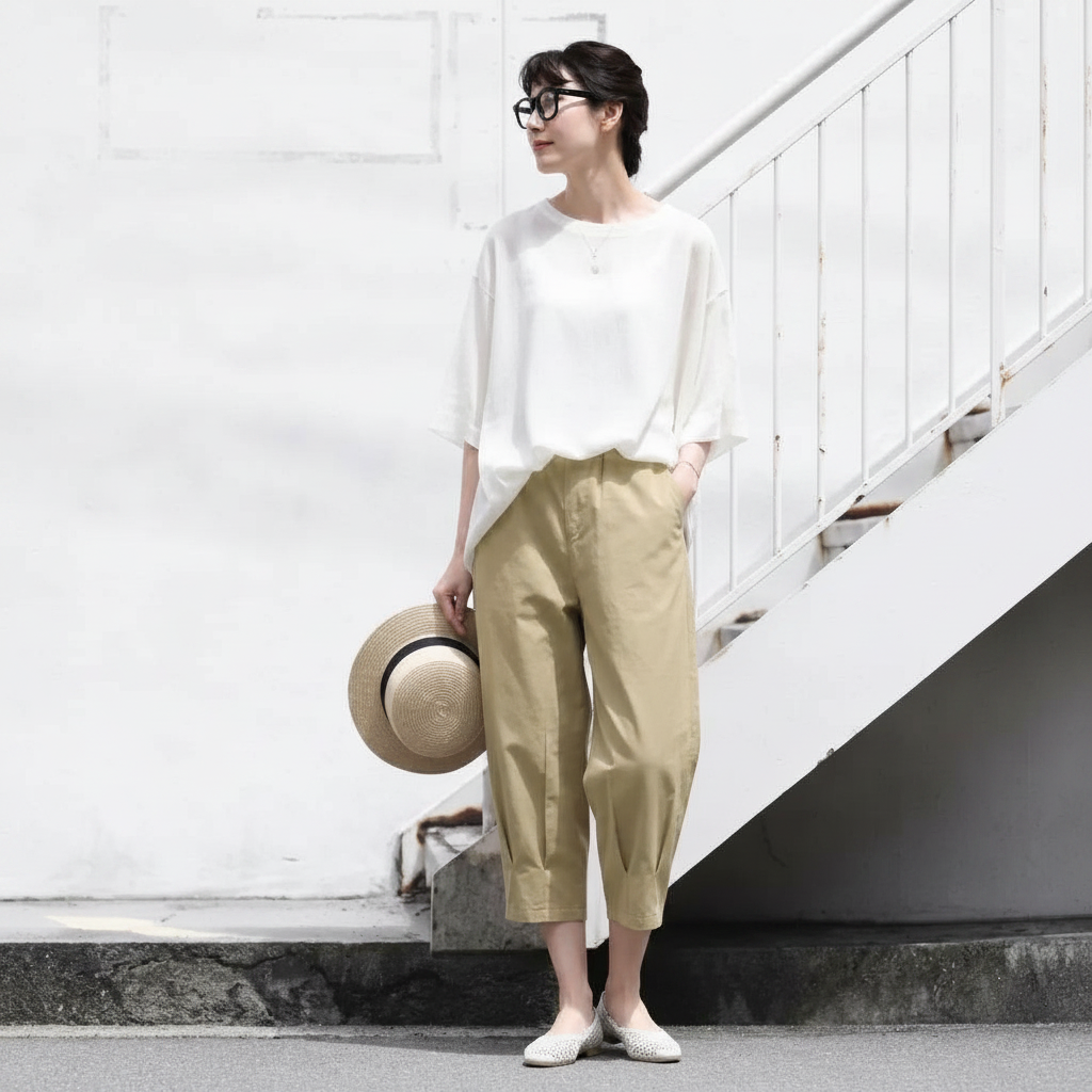 S-2XL 綿麻 通気性良い プリーツ 8分丈 カジュアルパンツ S ホワイト