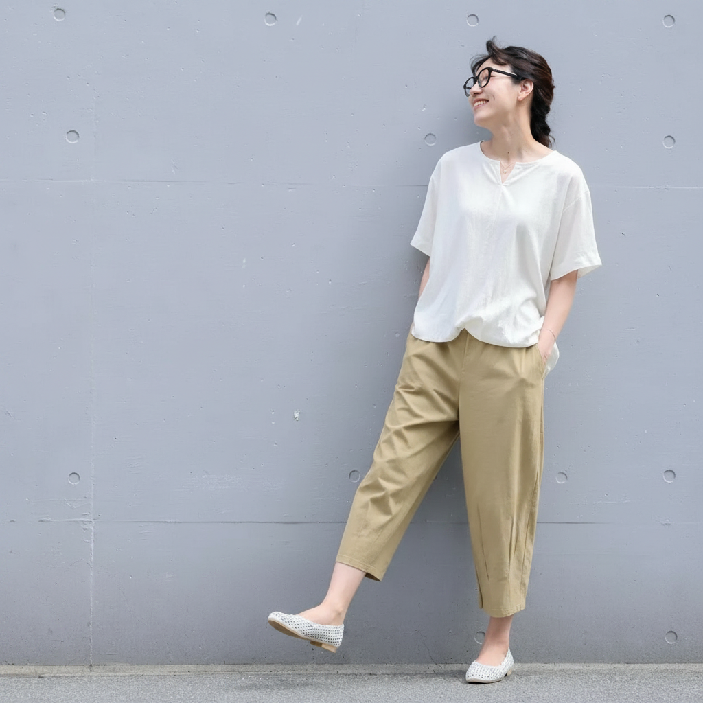 S-2XL 綿麻 通気性良い プリーツ 8分丈 カジュアルパンツ S ホワイト