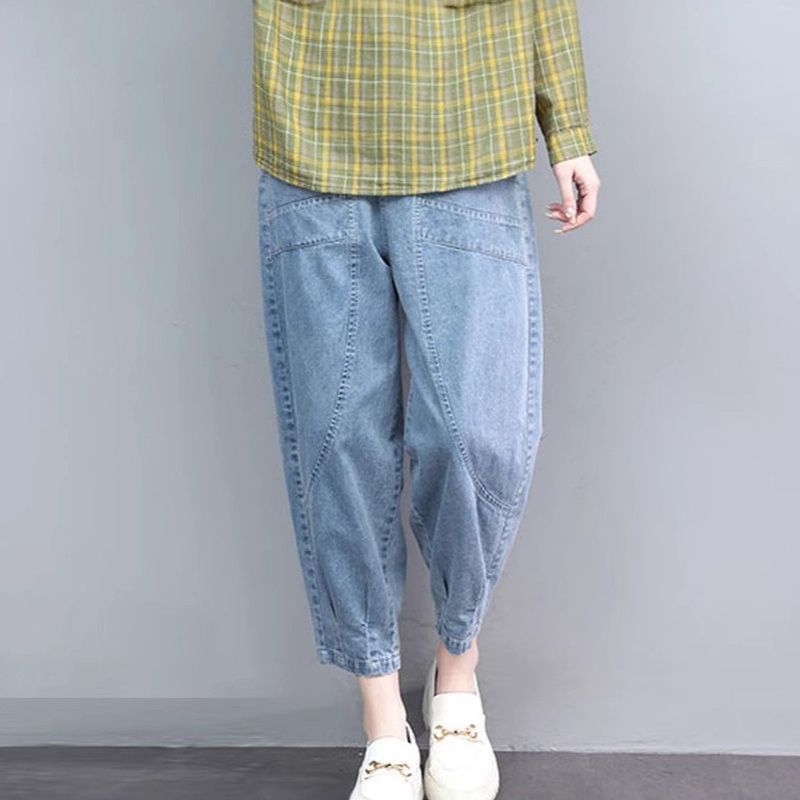 M-3XL 薄手デニム ハイウエスト ポケット付き 肌触り柔らかい 無地 ジーンズ アンクル丈（9分丈） M ライトブルー
