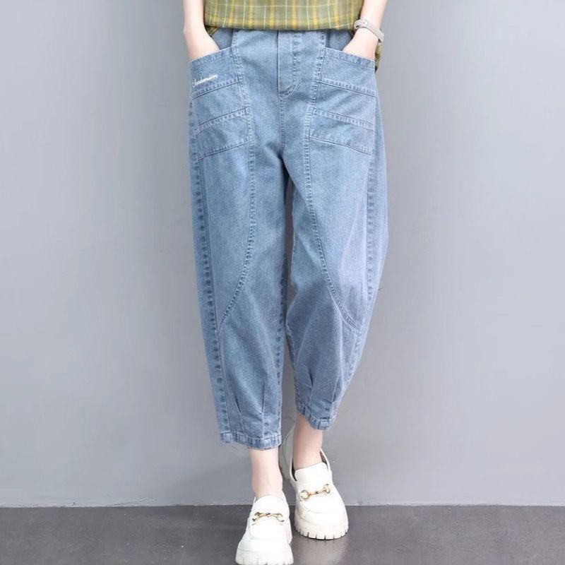 M-3XL 薄手デニム ハイウエスト ポケット付き 肌触り柔らかい 無地 ジーンズ アンクル丈（9分丈） 3XL ライトブルー