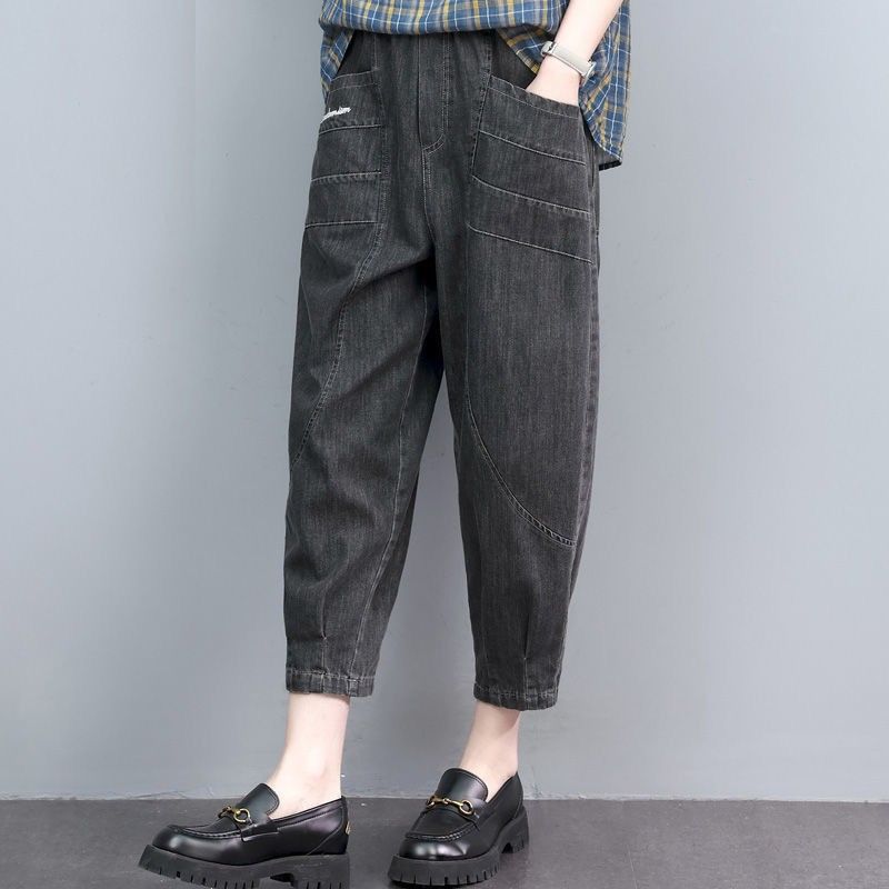 M-3XL 薄手デニム ハイウエスト ポケット付き 肌触り柔らかい 無地 ジーンズ アンクル丈（9分丈） 3XL グレー