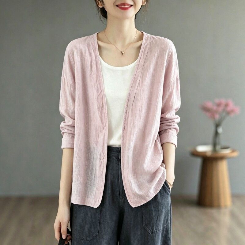 M-3XL 綿麻 通気性良い UVカット 肌触り柔らかい Vネック  日焼け止め服 3XL ライトピンク