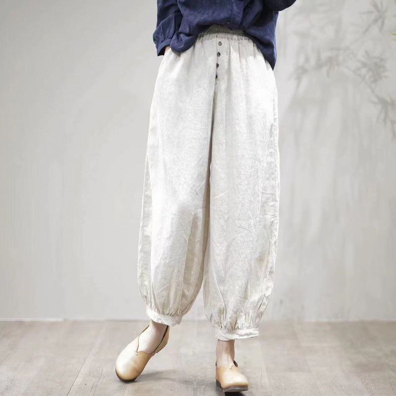 M-3XL 綿麻 ボタンデザイン タマネギパンツ ベーシック カジュアルパンツ M アイボリー