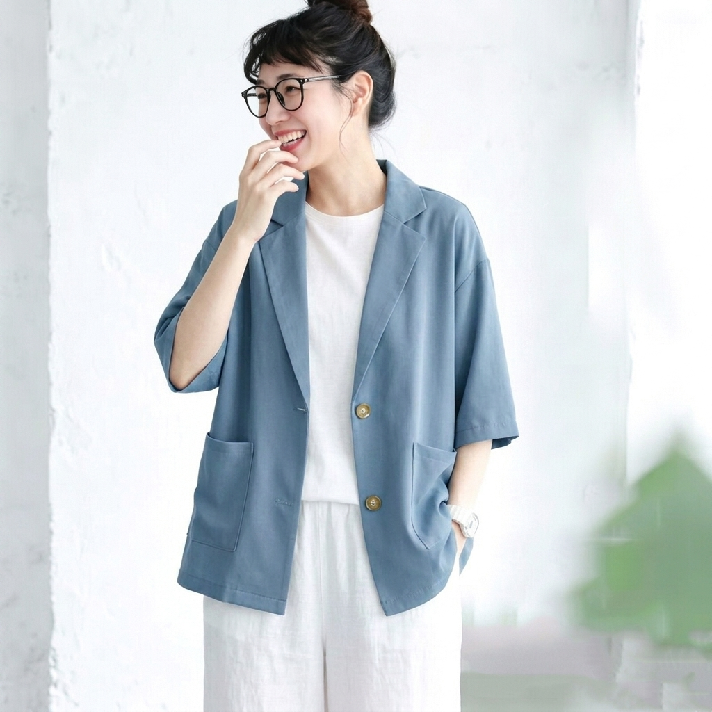L-XL シフォン 夏でも涼しい 無地 七分袖 ノーマルスリーブ ボタン エレガント スーツジャケット XL ブルー