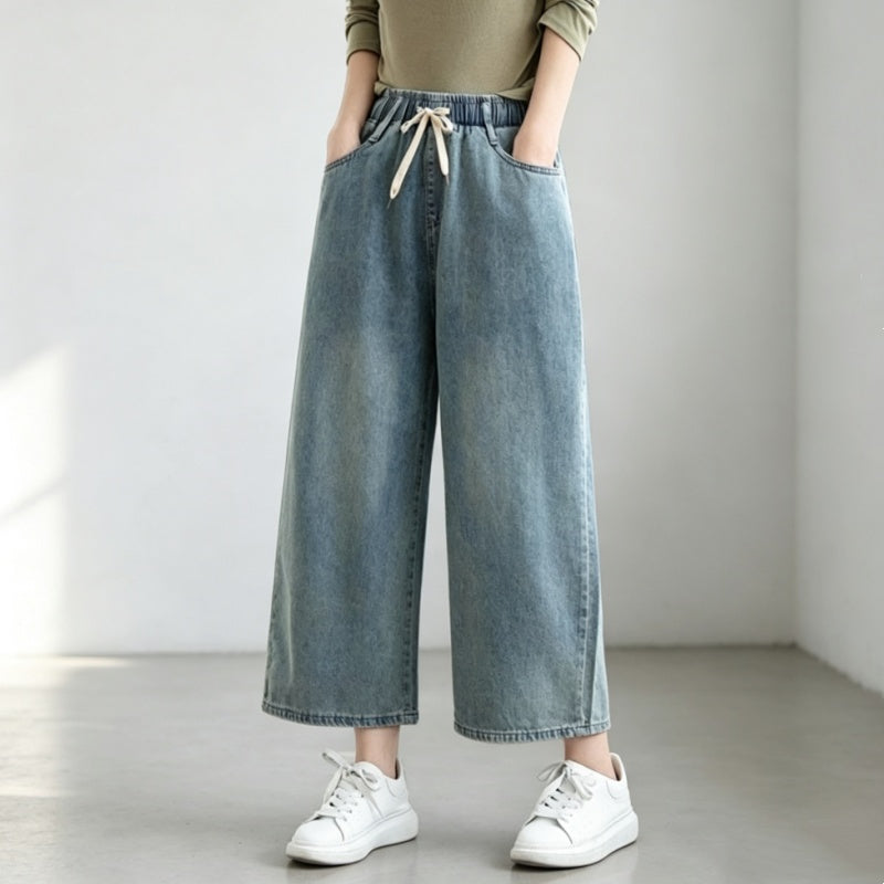 M-3XL デニム 無地 ポケット付き アンクル丈（9分丈） カジュアル ガウチョパンツ 3XL ライトブルー