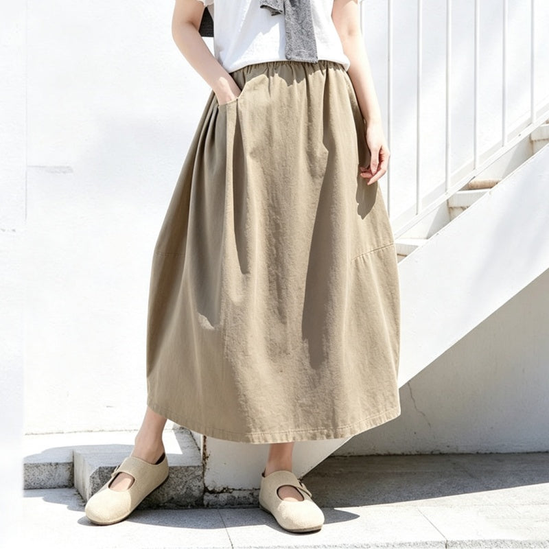 M-2XL 綿麻 通気性良い ポケット付き バルーン スカート M カーキ