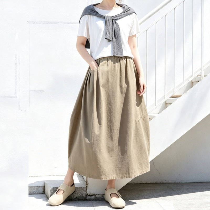 M-2XL 綿麻 通気性良い ポケット付き バルーン スカート M カーキ
