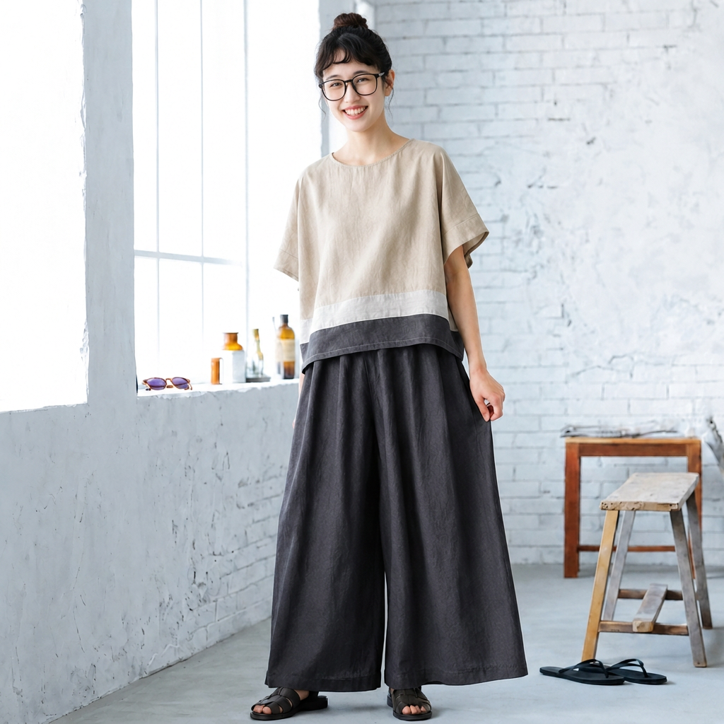 S-L 綿麻 ノーマルスリーブ レギュラー丈 配色 無地 半袖 シンプル セットアップ S ベージュ/トップス+ブラック/パンツ/2点セット