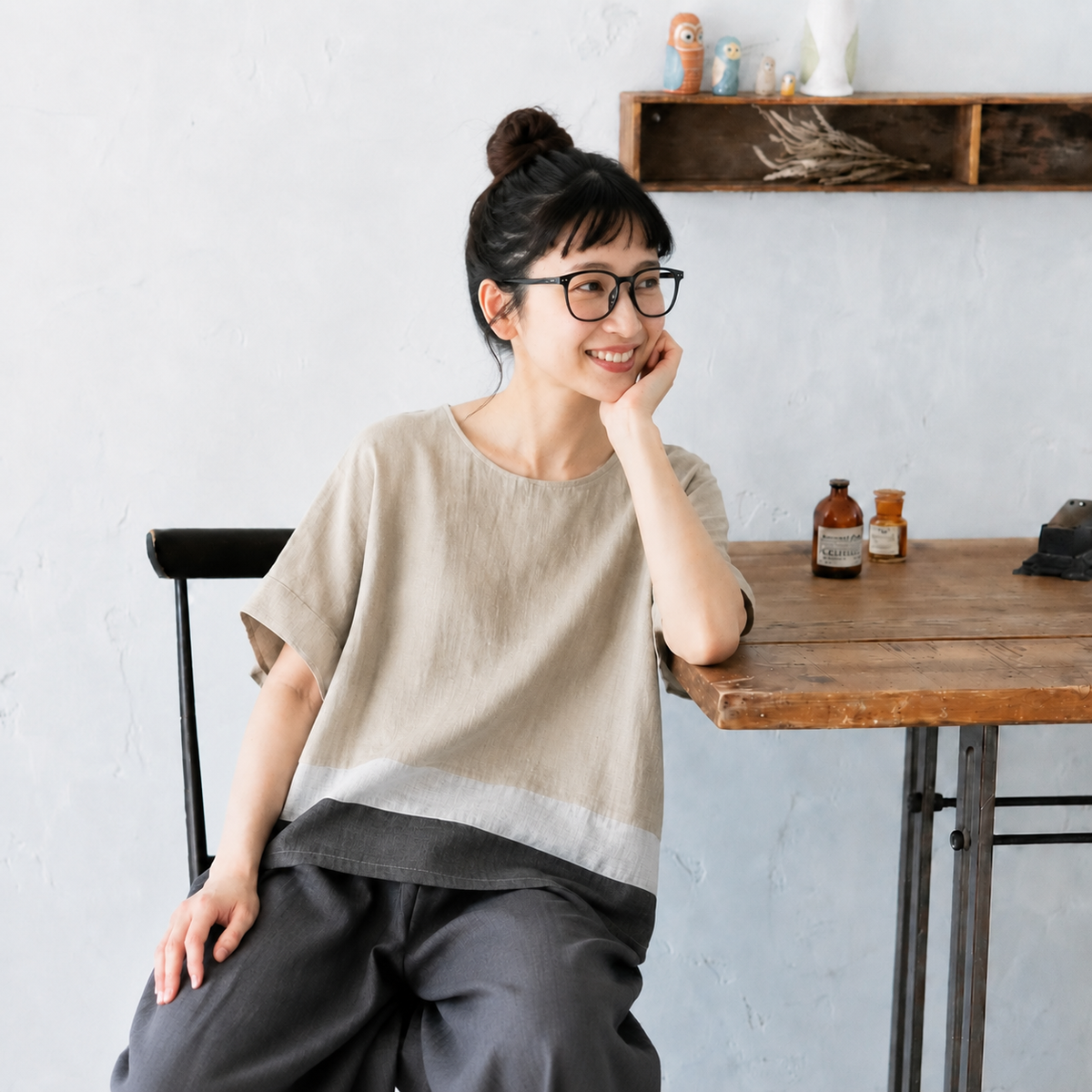 S-L 綿麻 ノーマルスリーブ レギュラー丈 配色 無地 半袖 シンプル セットアップ S ベージュ/トップス+ブラック/パンツ/2点セット