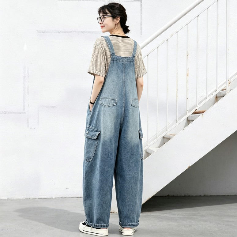 S-2XL ロング丈 ポケット付き ルーズシルエット 体型カバー 若見え 合わせやすい レトロ サロペット S ブルー