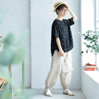 S-L さらりと涼やか ドット柄トップス＆ハーレムパンツ 大人ナチュラルな2点セット S ブラックトップス＋ベージュパンツ/二点セット