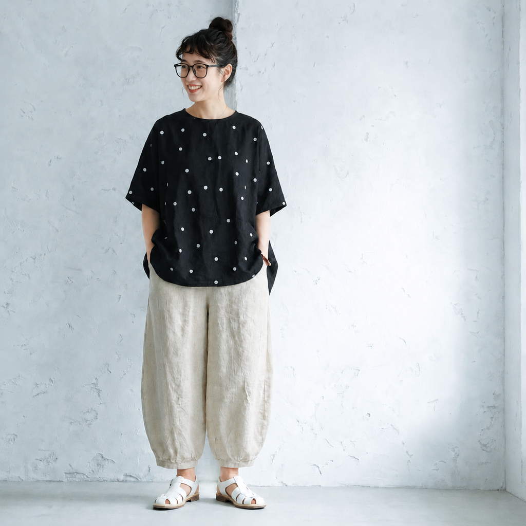 S-L さらりと涼やか ドット柄トップス＆ハーレムパンツ 大人ナチュラルな2点セット L ブラックトップス＋ベージュパンツ/二点セット