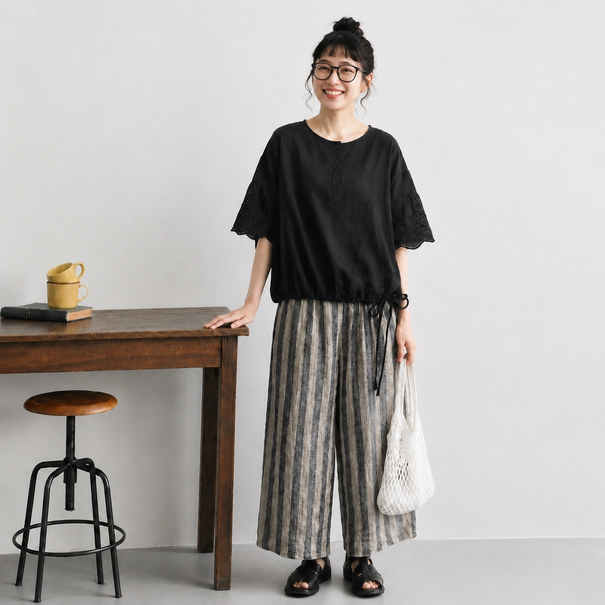 新品殺到M-XL 綿麻 レギュラー丈 ストライプ柄 無地 ノーマルスリーブ 五分袖 ファッション  2点セット M 写真通り