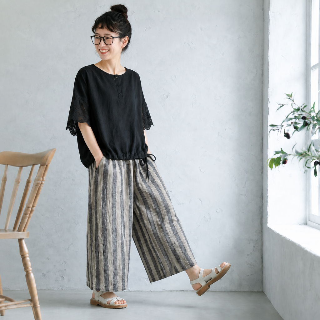 新品殺到M-XL 綿麻 レギュラー丈 ストライプ柄 無地 ノーマルスリーブ 五分袖 ファッション  2点セット M 写真通り