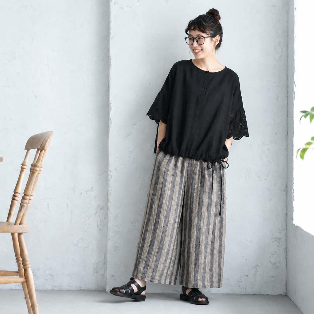 新品殺到M-XL 綿麻 レギュラー丈 ストライプ柄 無地 ノーマルスリーブ 五分袖 ファッション  2点セット M 写真通り