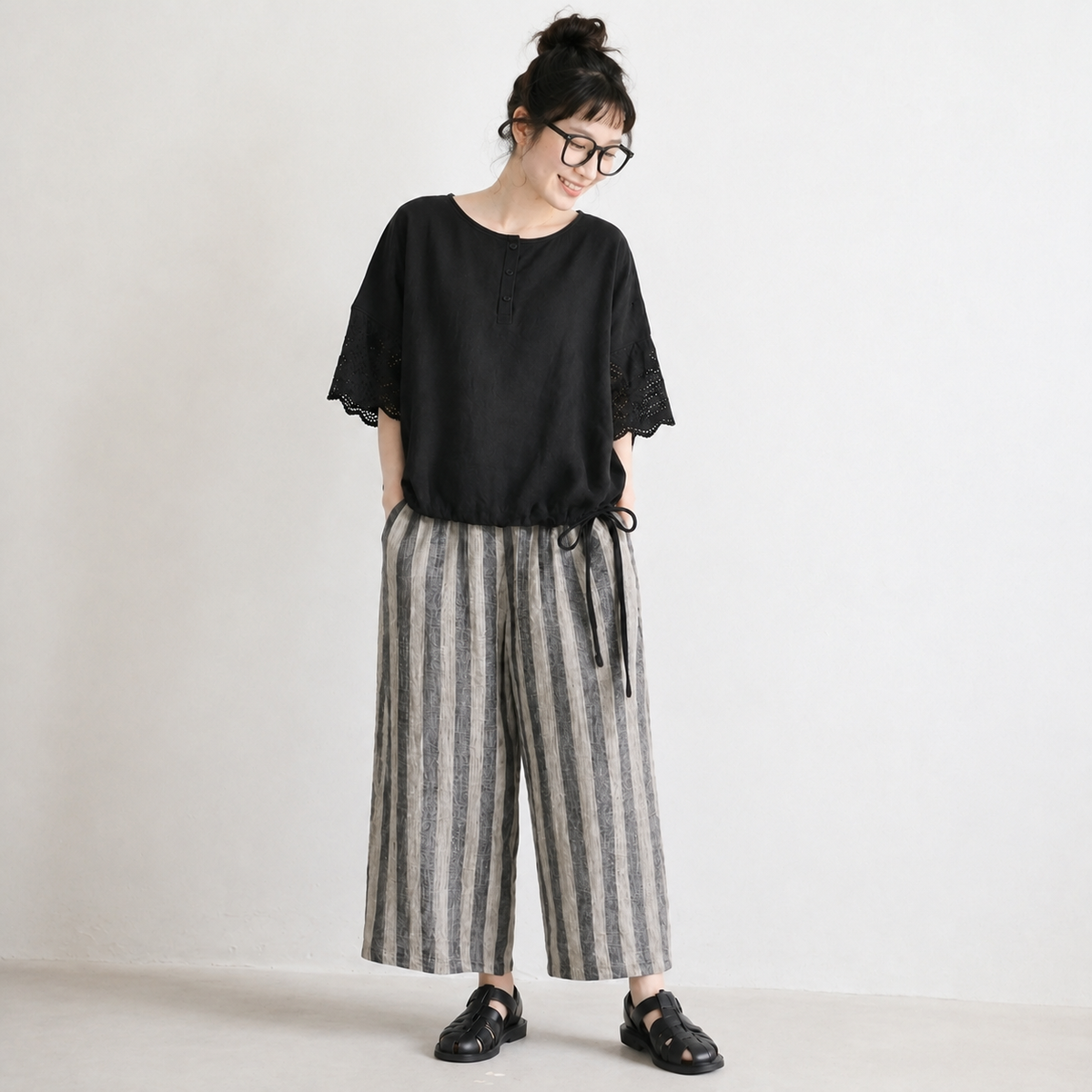 新品殺到M-XL 綿麻 レギュラー丈 ストライプ柄 無地 ノーマルスリーブ 五分袖 ファッション  2点セット M 写真通り