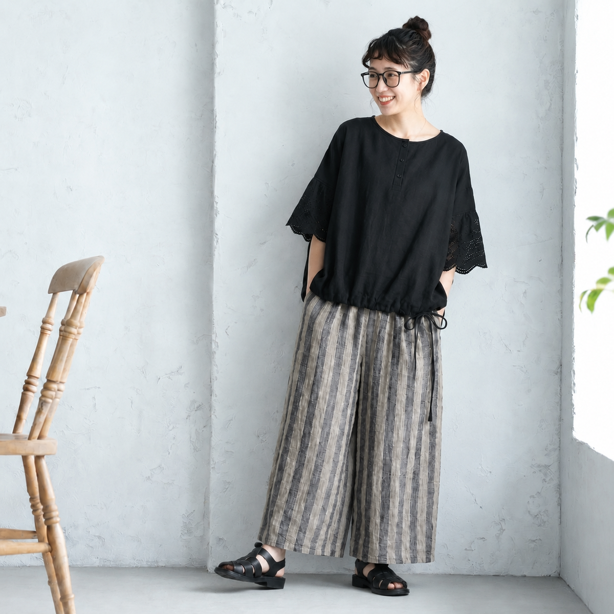 新品殺到M-XL 綿麻 レギュラー丈 ストライプ柄 無地 ノーマルスリーブ 五分袖 ファッション  2点セット XL 写真通り