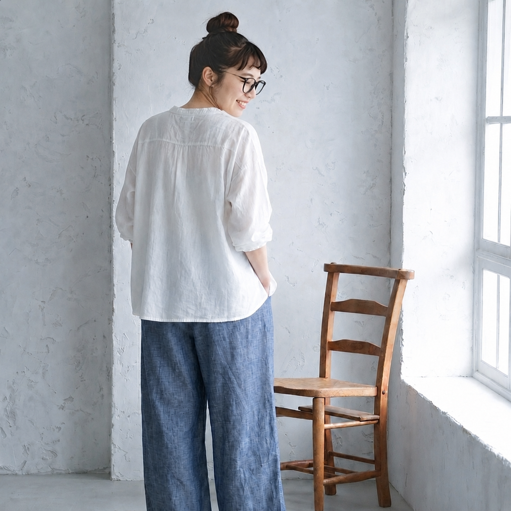 着心地を詰めた、ナチュラルリネンセットアップ Ｍ ホワイトトップス+ブルーパンツ/二点セット