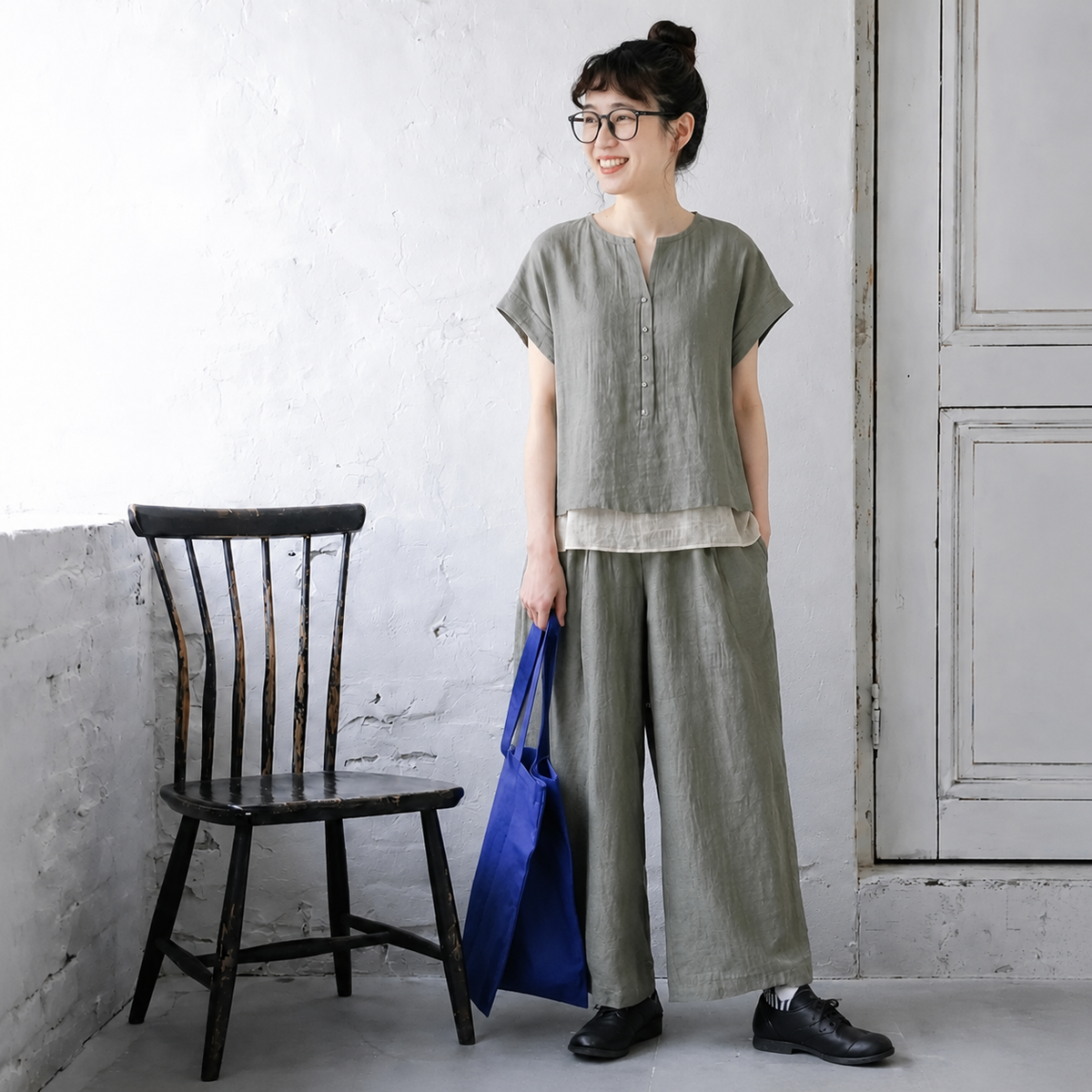 S-L 綿麻 無地 レギュラー丈 ノーマルスリーブ 切り替え 半袖 シンプル 2点セット S グレー/トップス+グレー/パンツ/2点セット