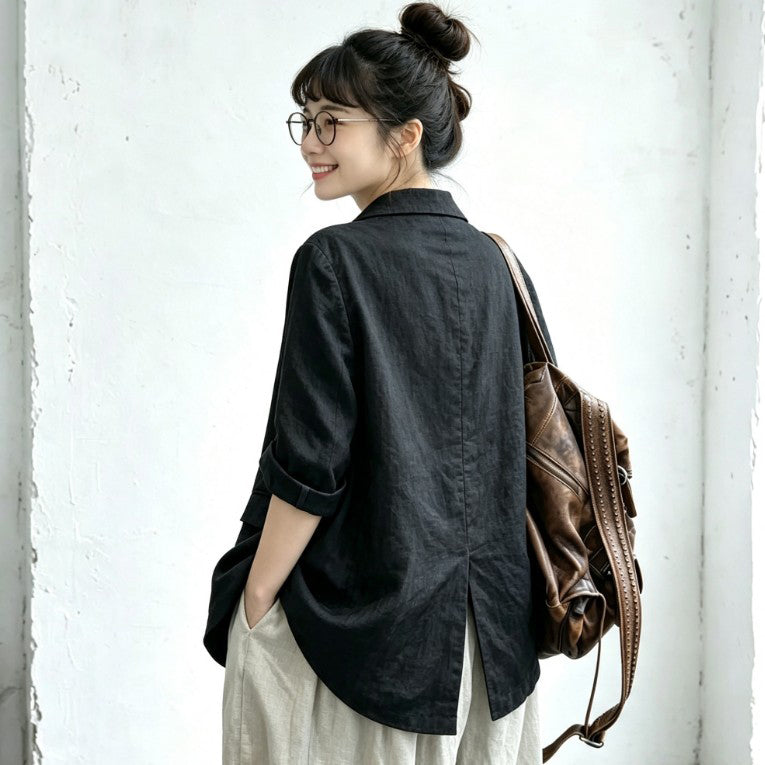 M-XL 無地 通気性良い 七分袖 シングルブレスト スーツジャケット M ブラック