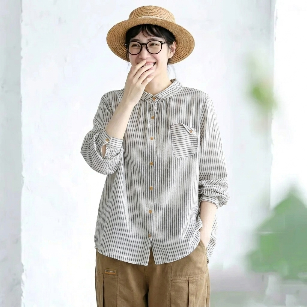 S-3XL 綿麻 柔らかい肌触り ストライプ柄 ボタン 長袖  シャツ S ホワイト