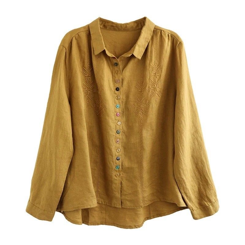 L-2XL 綿麻 刺繍 長袖 ボタン 折り襟 レトロ シャツ L グリーン