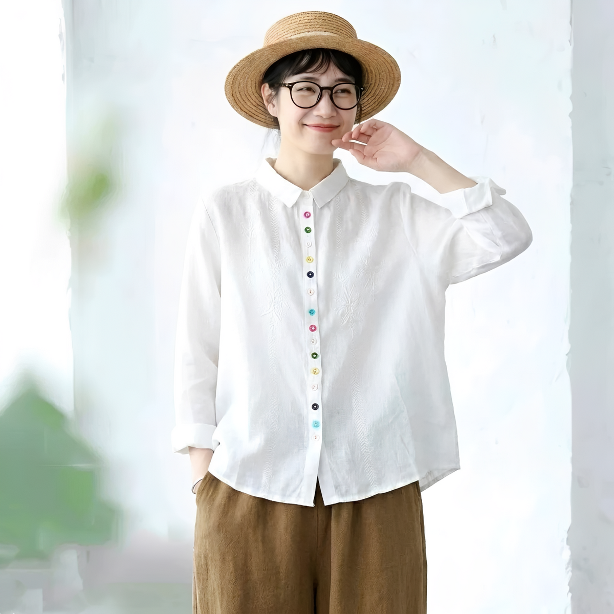 L-2XL 綿麻 刺繍 長袖 ボタン 折り襟 レトロ シャツ L グリーン