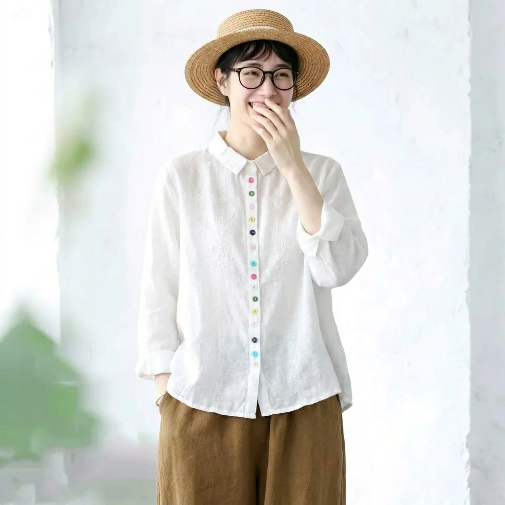 L-2XL 綿麻 刺繍 長袖 ボタン 折り襟 レトロ シャツ L グリーン
