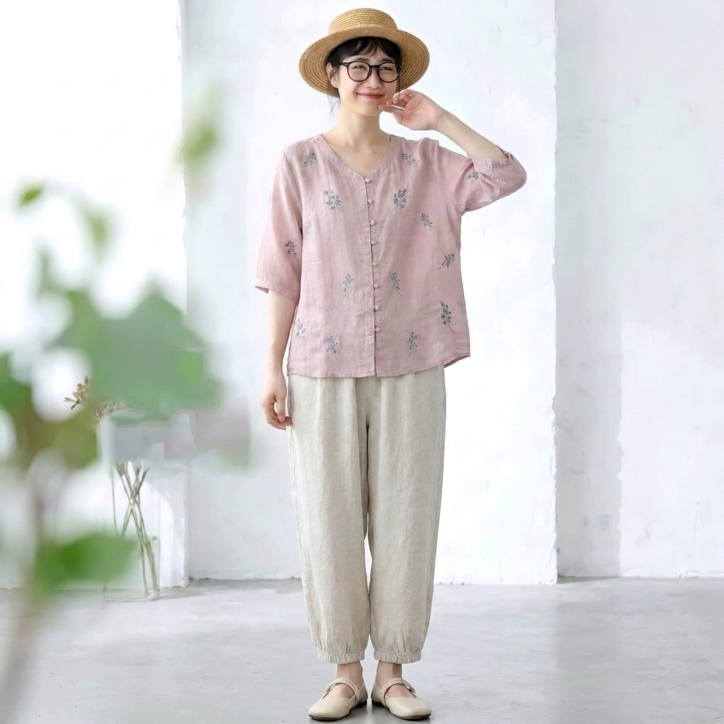 M-2XL 綿麻 肌触り柔らかい セットアップ 刺繍 ボタン ロング丈 五分袖 トップス+パンツ 2XL パープル/トップス + ベージュ/パンツ【2点セット】