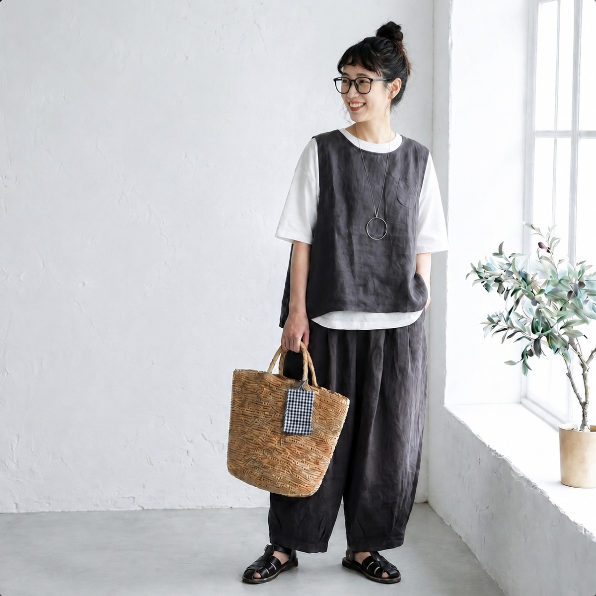 M-XL 綿麻 無地 落ち肩スリーブ 半袖 レギュラー丈 ノースリーブ カジュアル 半袖シャツ、ベスト、パンツ  3点セット M ホワイトT シャツ+ダークグレータンクトップ+ダークグレーパンツ/3点セット