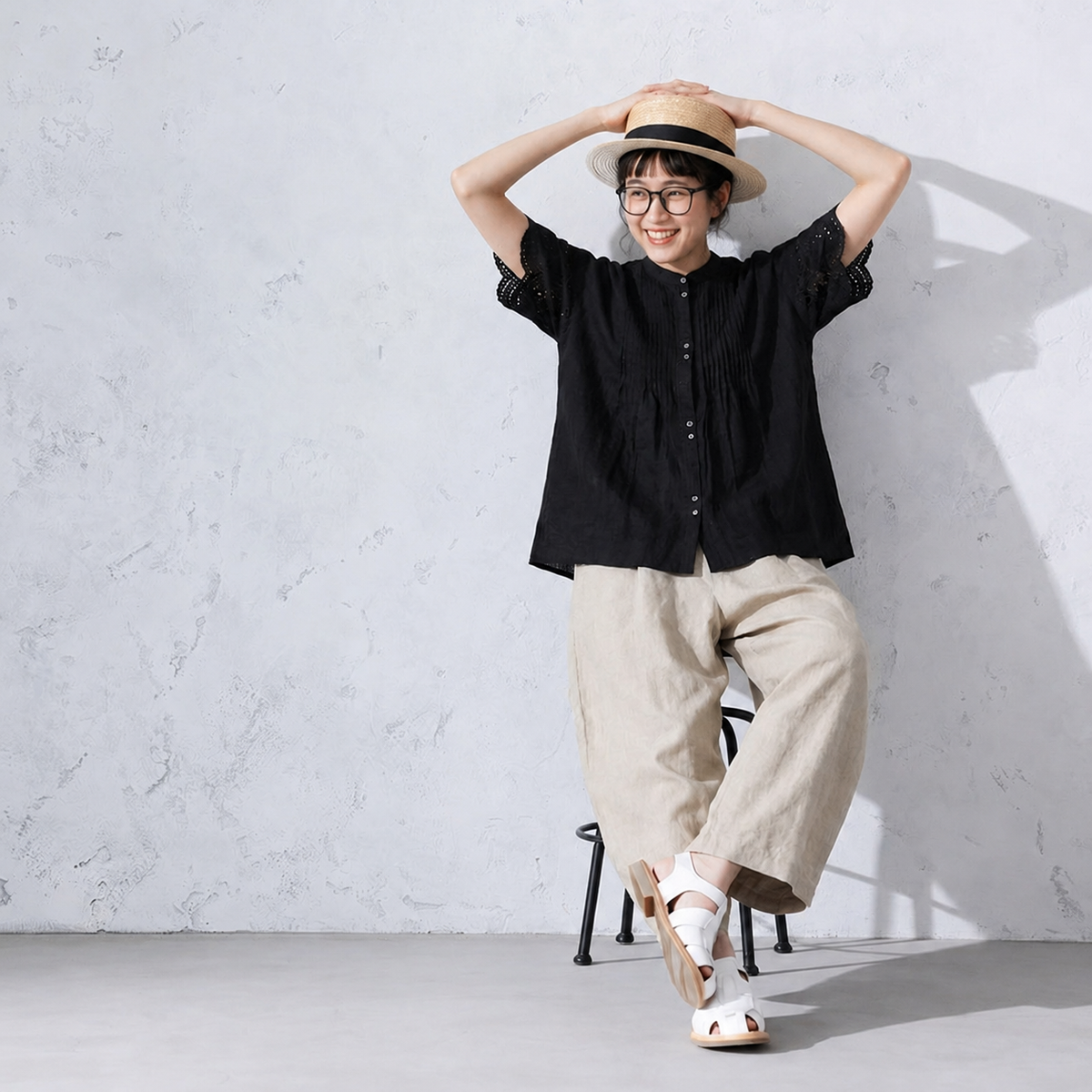 M-XL 綿麻 半袖 カットワーク ノーマルスリーブ 無地 レギュラー丈 シンプル  2点セット XL ブラック/トップス＋ベージュ/パンツ/2点セット