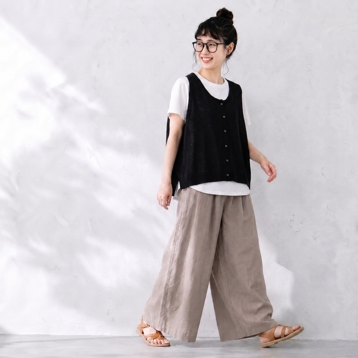 M-XL 綿麻 無地 ノースリーブ ノーマルスリーブ ロング丈 半袖 シンプル 半袖シャツ、ベスト、パンツ  3点セット M 写真通り/3点セット